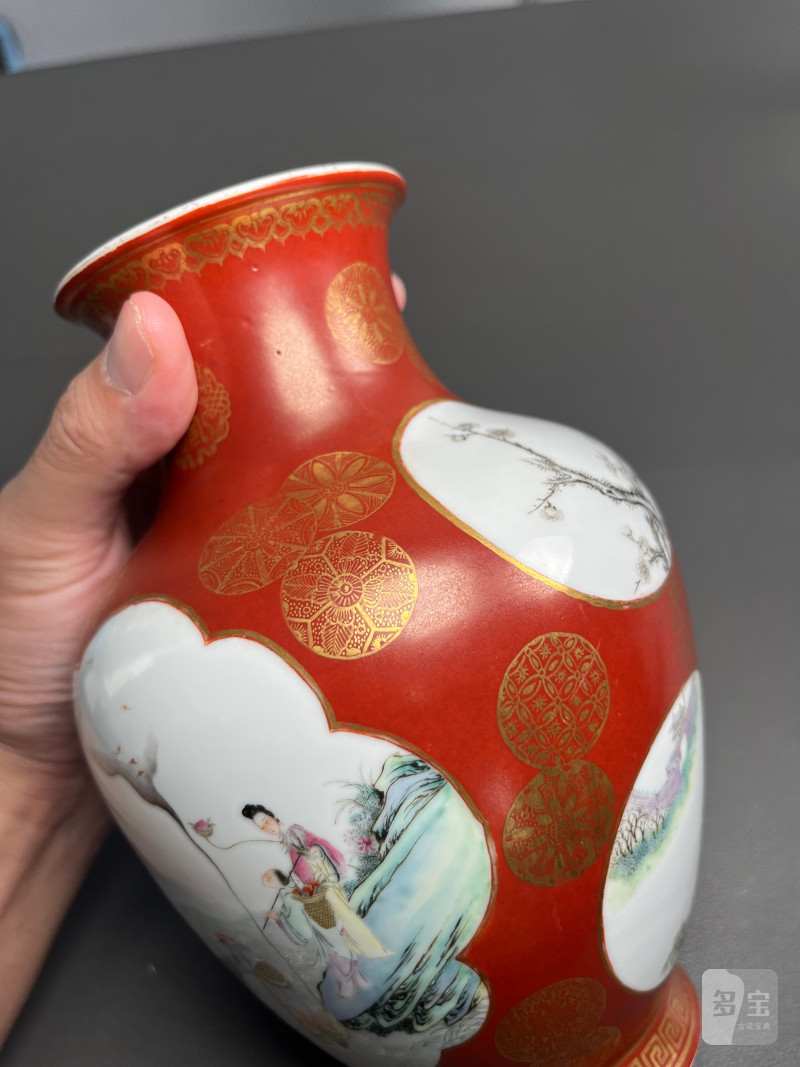 民国  珊瑚红地描金皮球花开光粉彩八仙图大口尊 - 图14